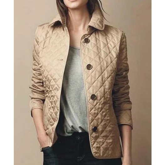 Women's diamond quilted jacket with button front and turn-down collar