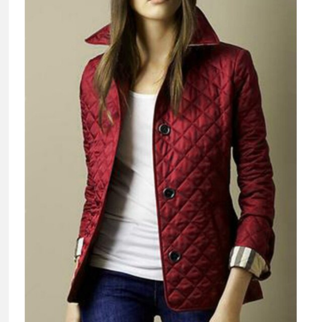 Women's diamond quilted jacket with button front and turn-down collar