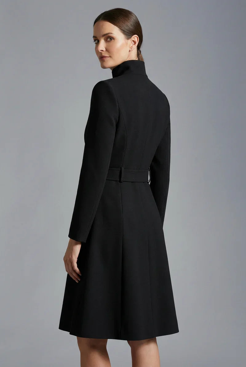 Women's black high neck asymmetric belted coat
