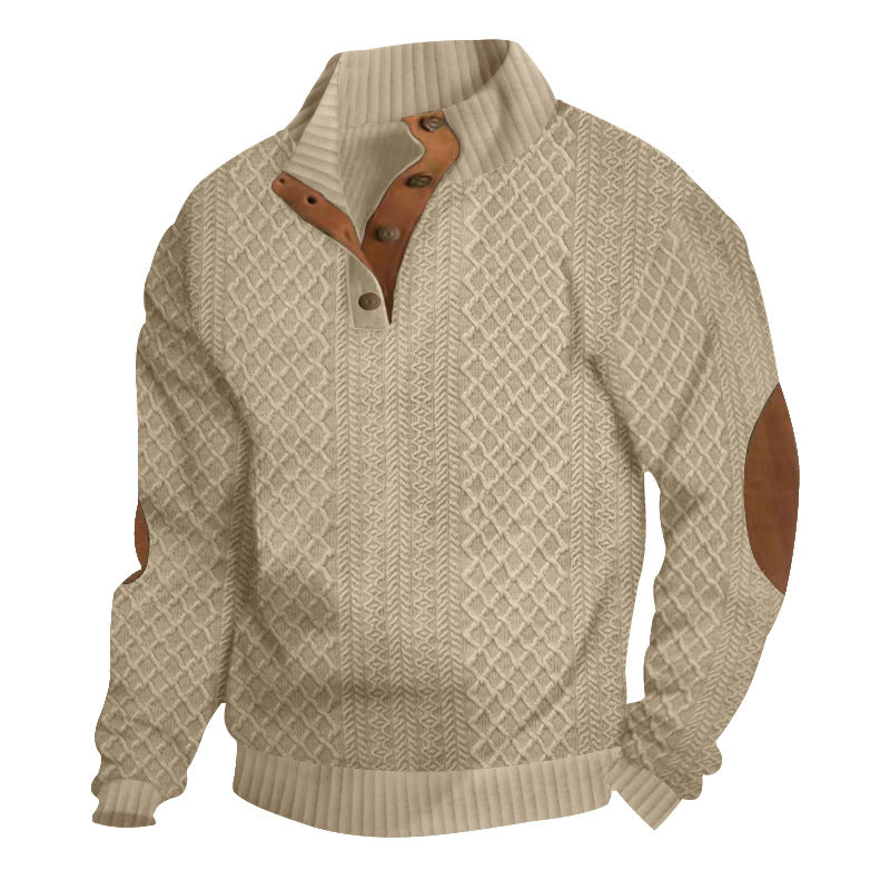 Men's textured knit sweater with mock neck, button placket and elbow patches
