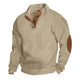 Men's textured knit sweater with mock neck, button placket and elbow patches