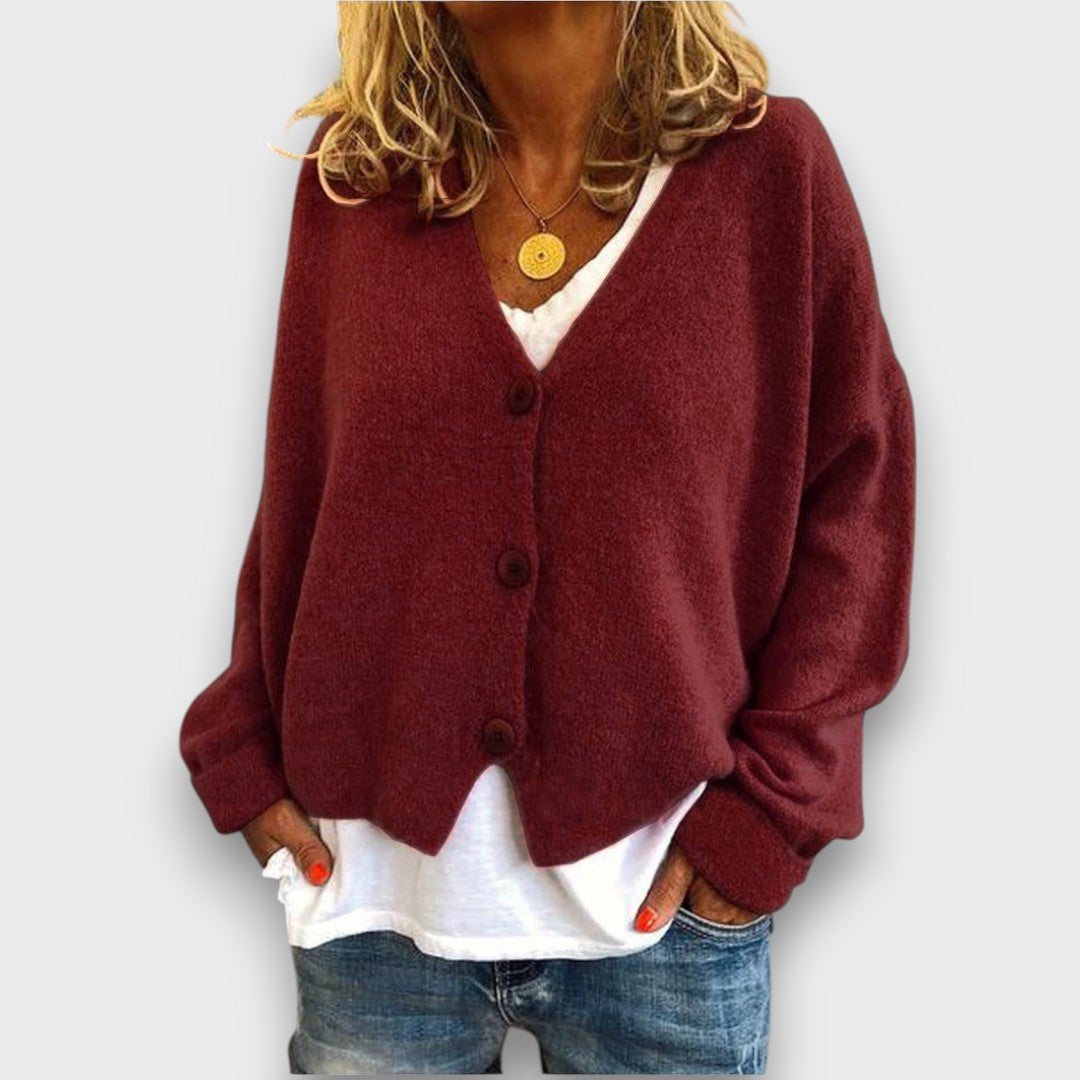 Women's V-neck knit cardigan with long sleeves and button front
