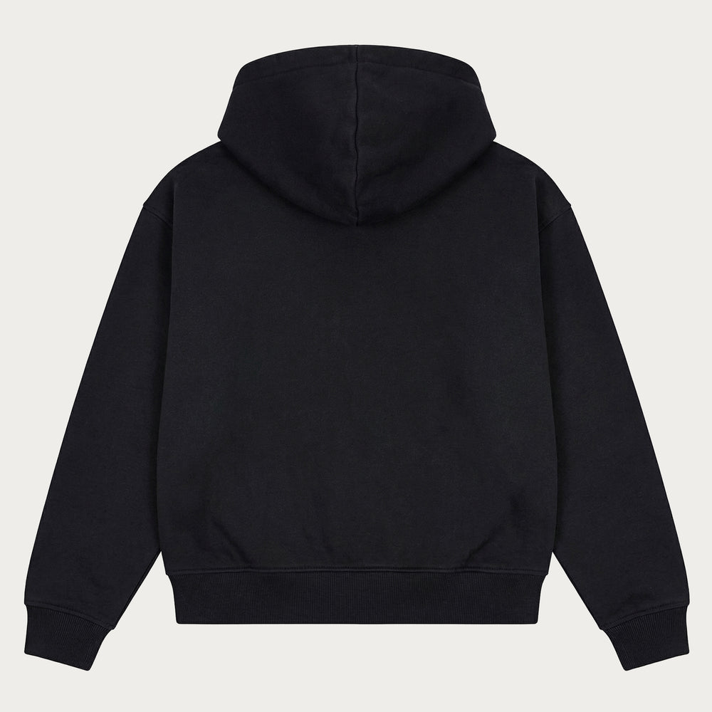 Black pullover hoodie with hood, long sleeves and kangaroo pocket