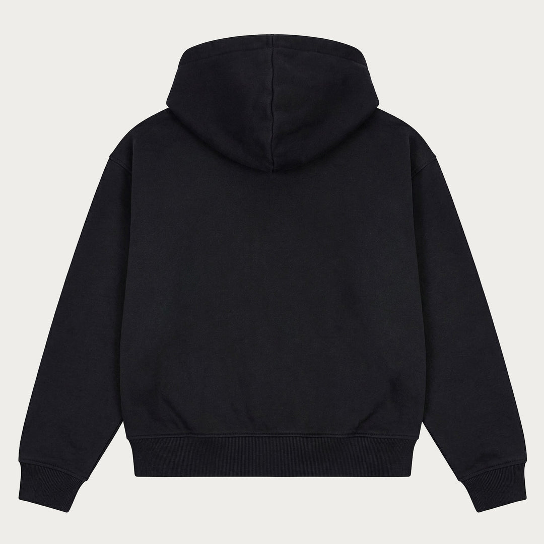 Black pullover hoodie with hood, long sleeves and kangaroo pocket