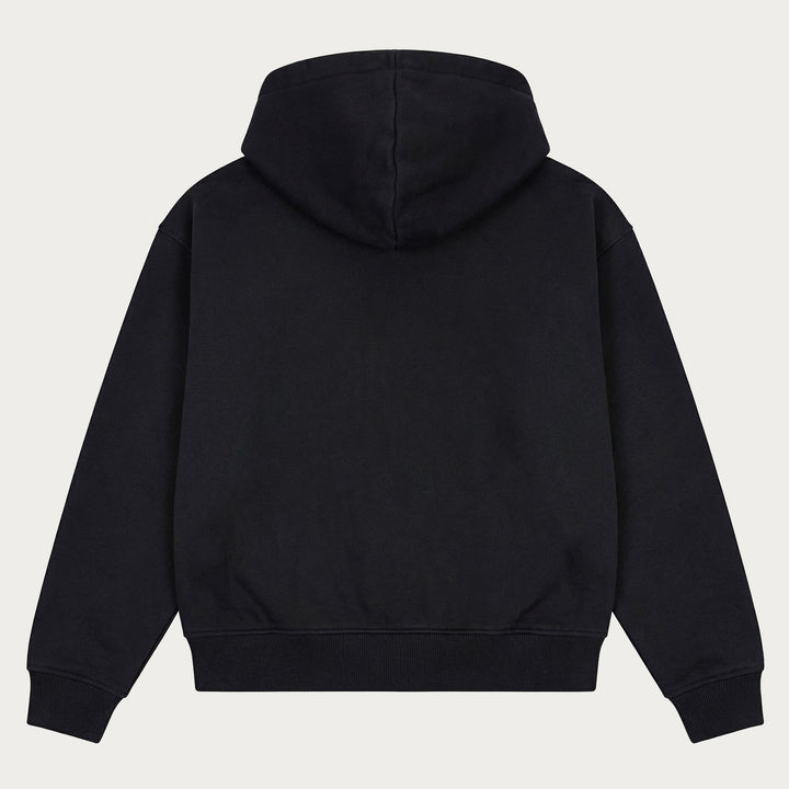 Black pullover hoodie with hood, long sleeves and kangaroo pocket