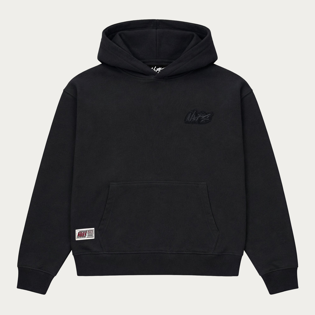 Black pullover hoodie with hood, long sleeves and kangaroo pocket
