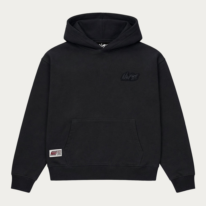 Black pullover hoodie with hood, long sleeves and kangaroo pocket