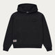 Black pullover hoodie with hood, long sleeves and kangaroo pocket