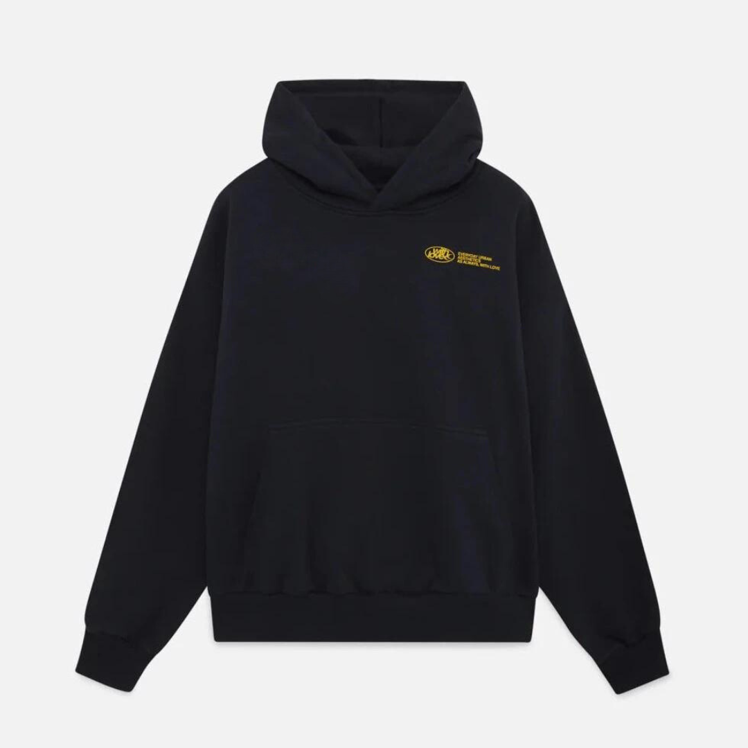 Women's oversized hooded sweatshirt with long sleeves and large back text graphic