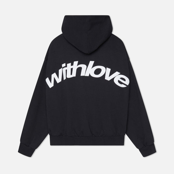 Women's oversized hooded sweatshirt with long sleeves and large back text graphic