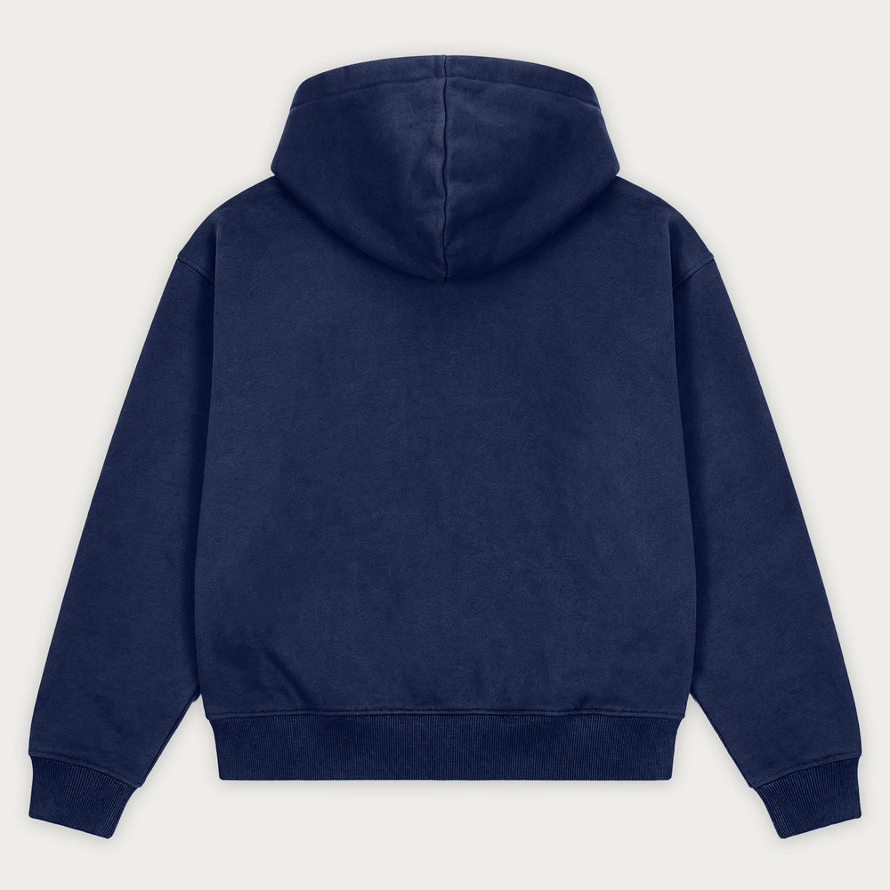 Navy long-sleeve pullover hoodie with hood and kangaroo pocket