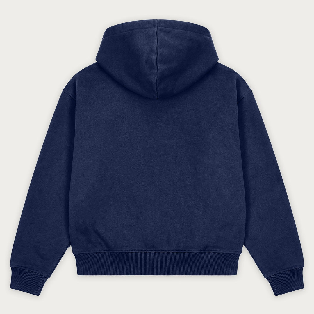 Navy long-sleeve pullover hoodie with hood and kangaroo pocket