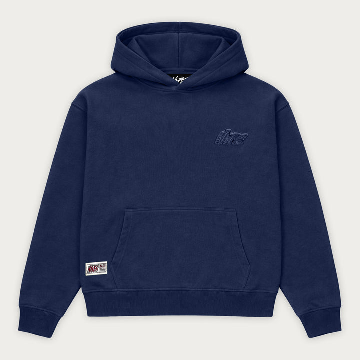 Navy long-sleeve pullover hoodie with hood and kangaroo pocket