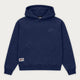 Navy long-sleeve pullover hoodie with hood and kangaroo pocket