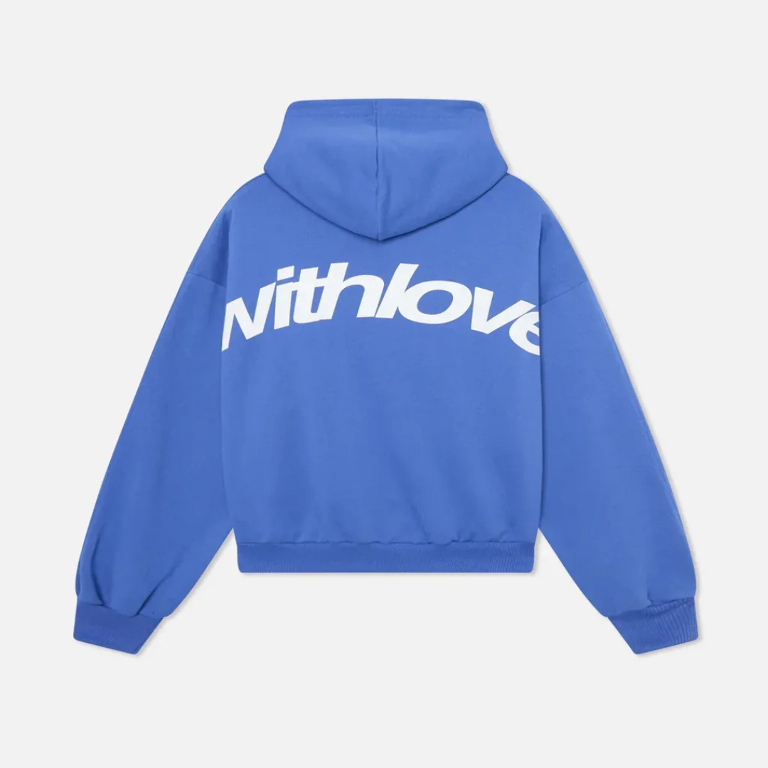 Women's oversized hooded sweatshirt with long sleeves and large back text graphic