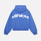 Women's oversized hooded sweatshirt with long sleeves and large back text graphic