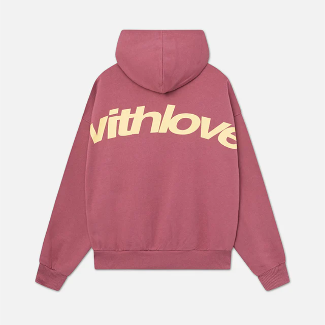 Women's oversized hooded sweatshirt with long sleeves and large back text graphic