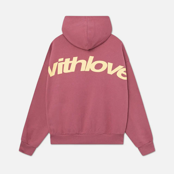 Women's oversized hooded sweatshirt with long sleeves and large back text graphic