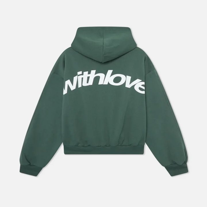 Women's oversized hooded sweatshirt with long sleeves and large back text graphic