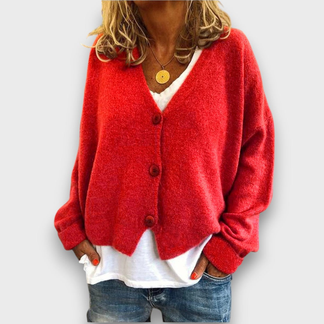 Women's V-neck knit cardigan with long sleeves and button front