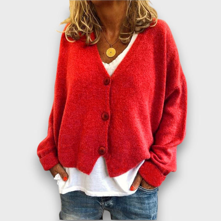 Women's V-neck knit cardigan with long sleeves and button front
