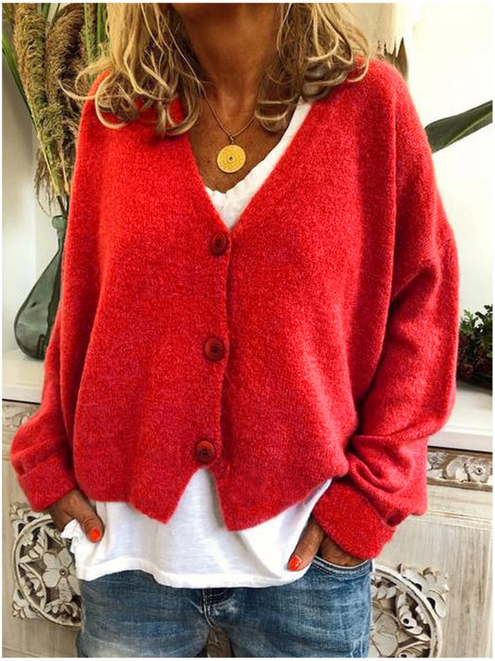 Women's V-neck knitted cardigan with long sleeves and button front