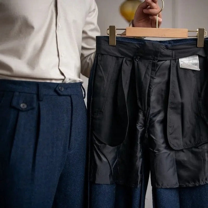 Men's pleated straight-leg trousers with cuffed hems and slanted pockets