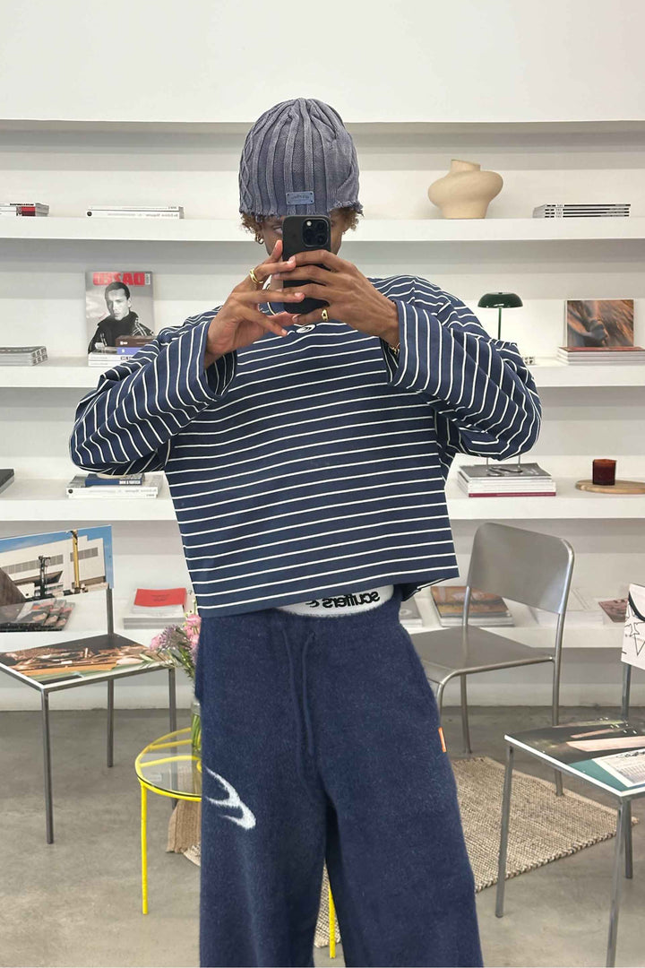 Navy striped long sleeve jumper with crew neck and loose fit