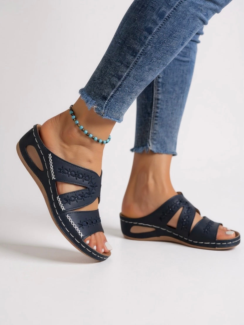 Olive | Women's Embroidered Slide Sandals