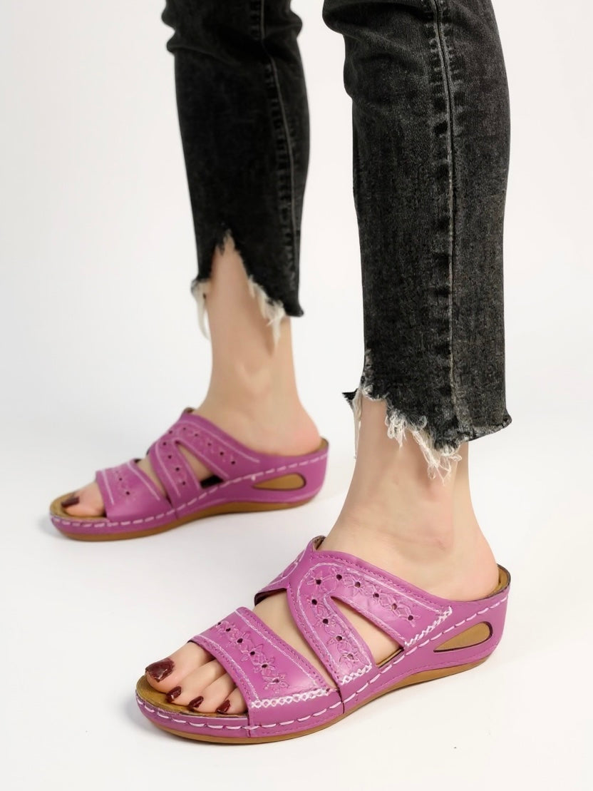 Olive | Women's Embroidered Slide Sandals