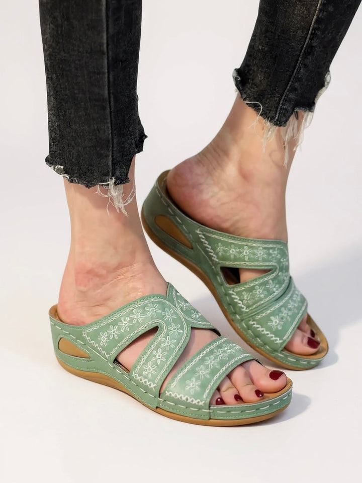 Olive | Women's Embroidered Slide Sandals