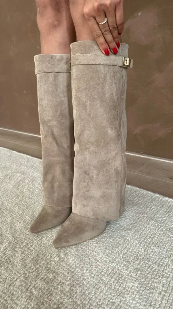Women's tall pointed toe heeled boots with side zip and buckle detail