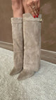 Women's tall pointed toe heeled boots with side zip and buckle detail