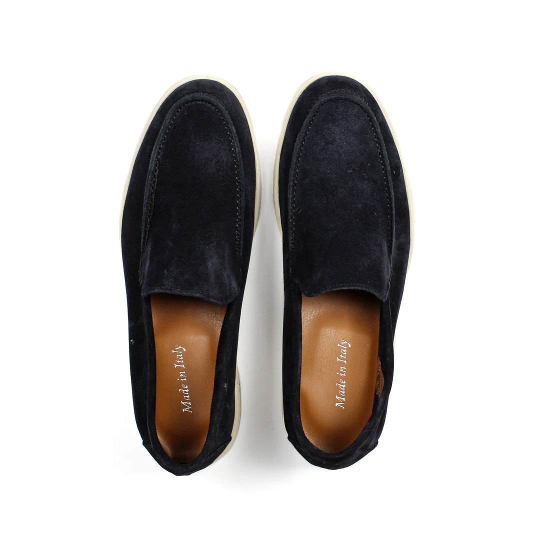 Blue suede moccasin loafers