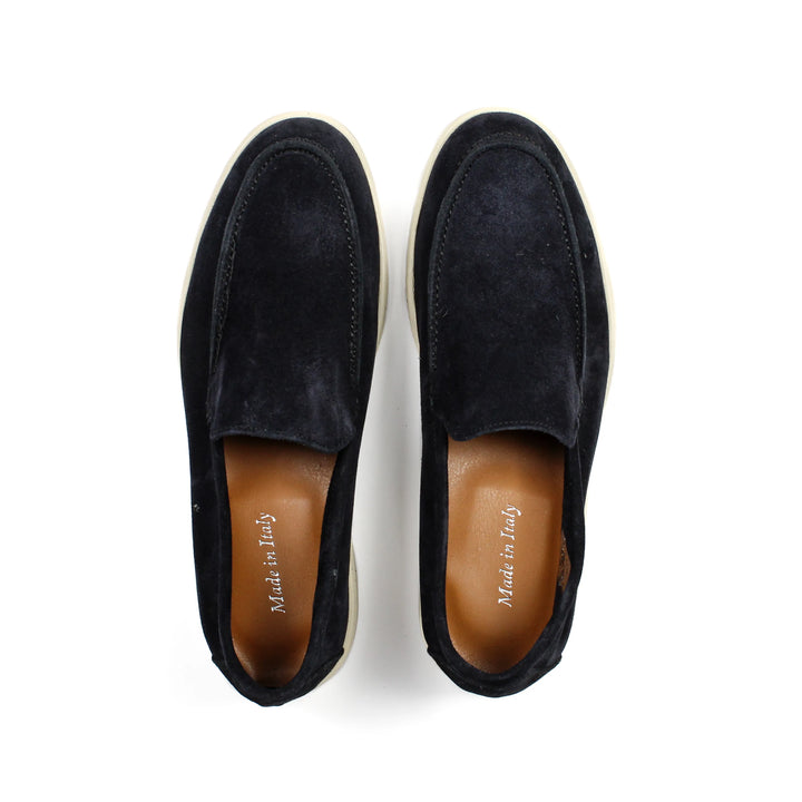 Blue suede moccasin loafers