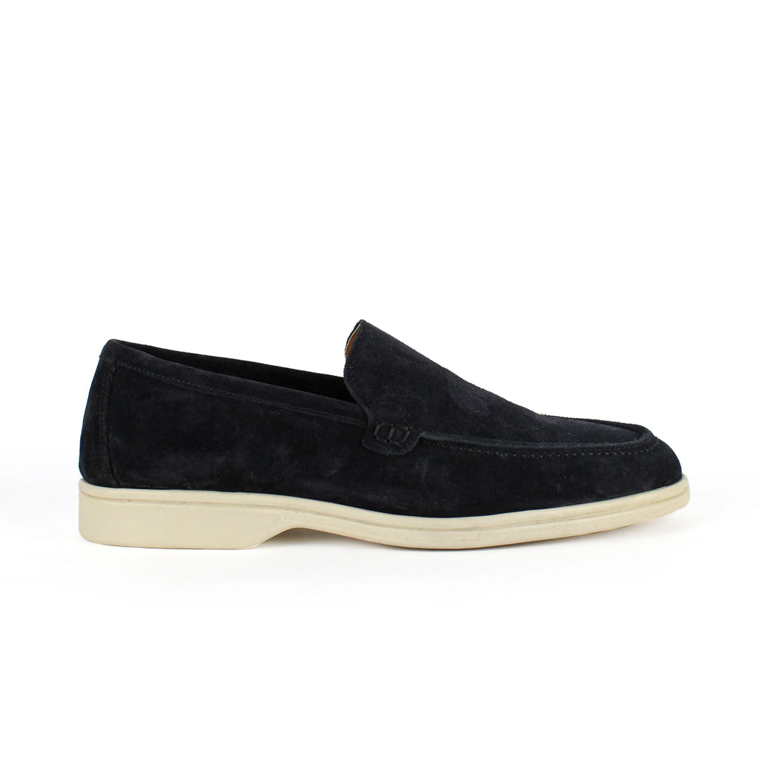 Blue suede moccasin loafers