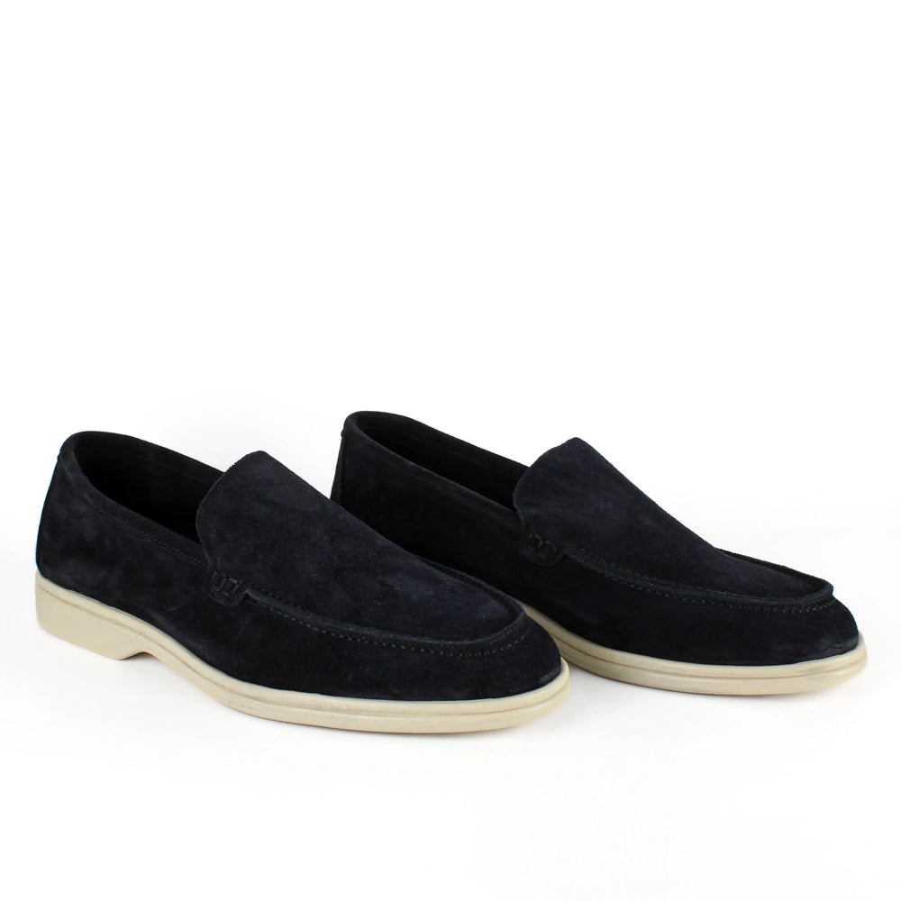 Blue suede moccasin loafers