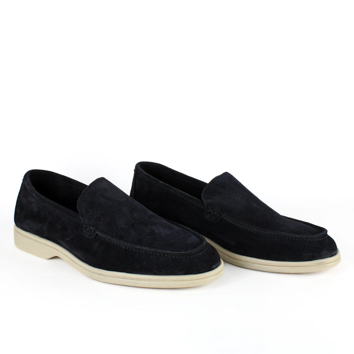 Blue suede moccasin loafers