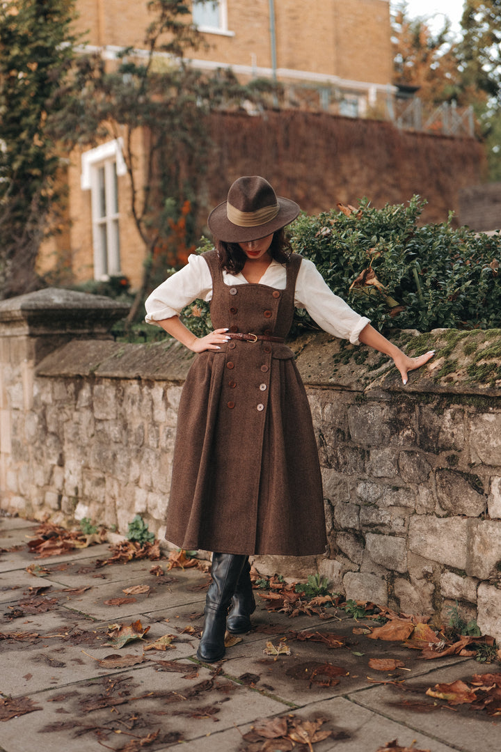 Brown herringbone pinafore midi dress with buttons and belt