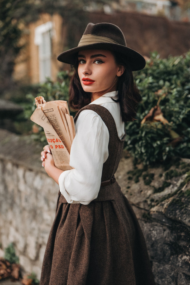 Brown herringbone pinafore midi dress with buttons and belt