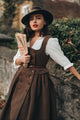 Brown herringbone pinafore midi dress with buttons and belt