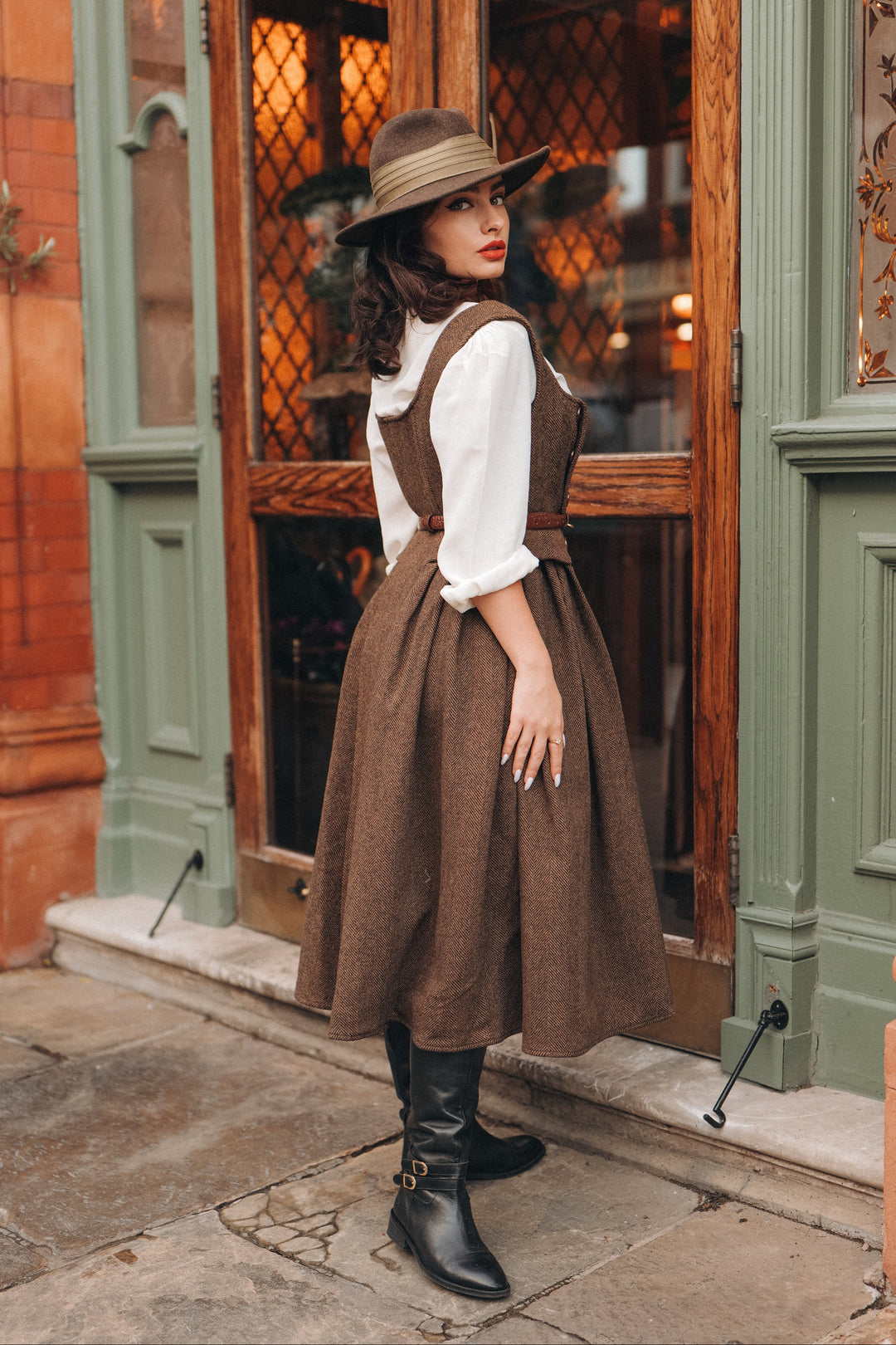 Brown herringbone pinafore midi dress with buttons and belt