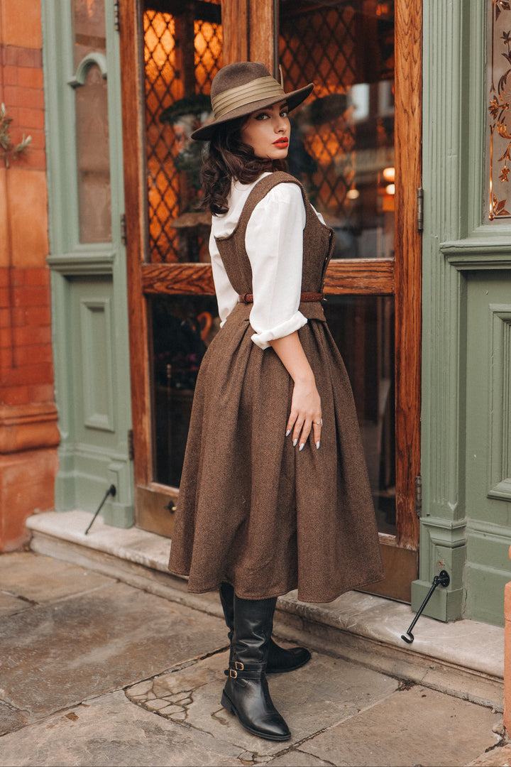 Brown herringbone pinafore midi dress with buttons and belt