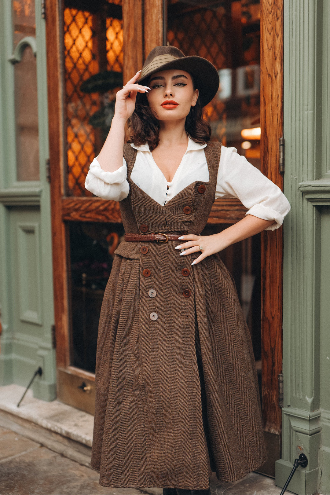 Brown herringbone pinafore midi dress with buttons and belt