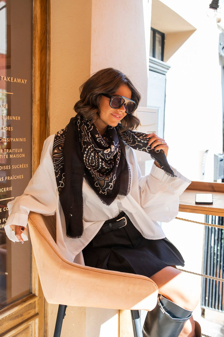Black abstract pattern bandana scarf with fringed edges