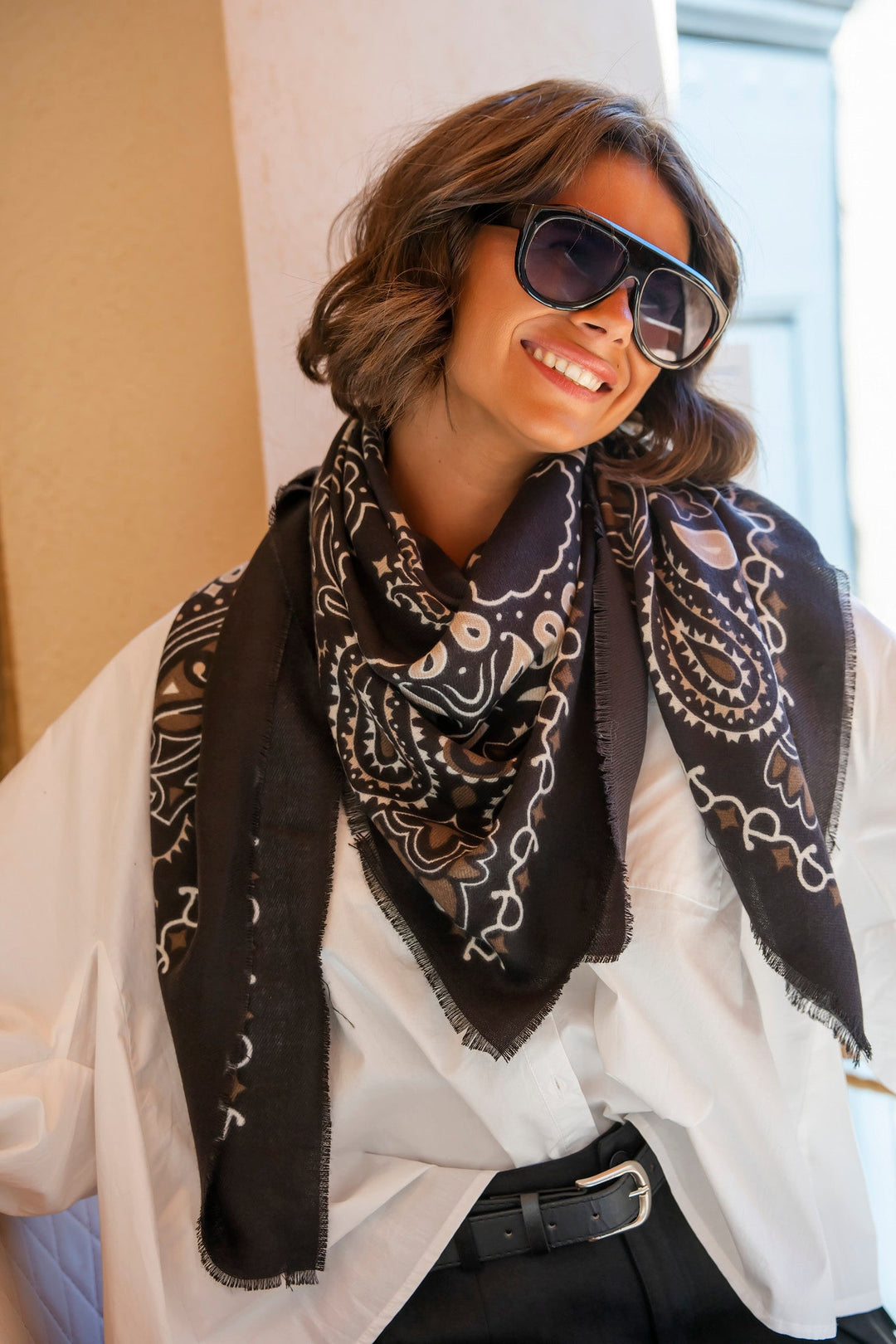 Black abstract pattern bandana scarf with fringed edges