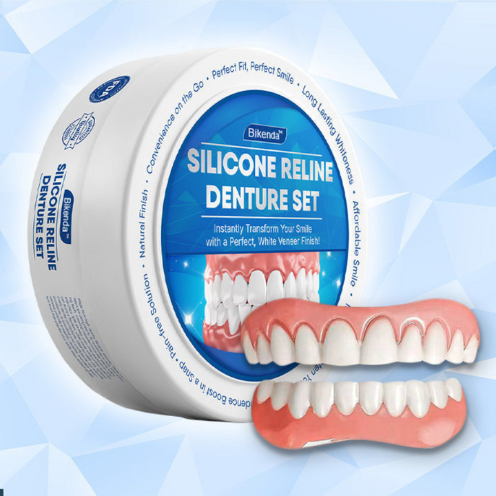Pink and white silicone denture set with round storage case