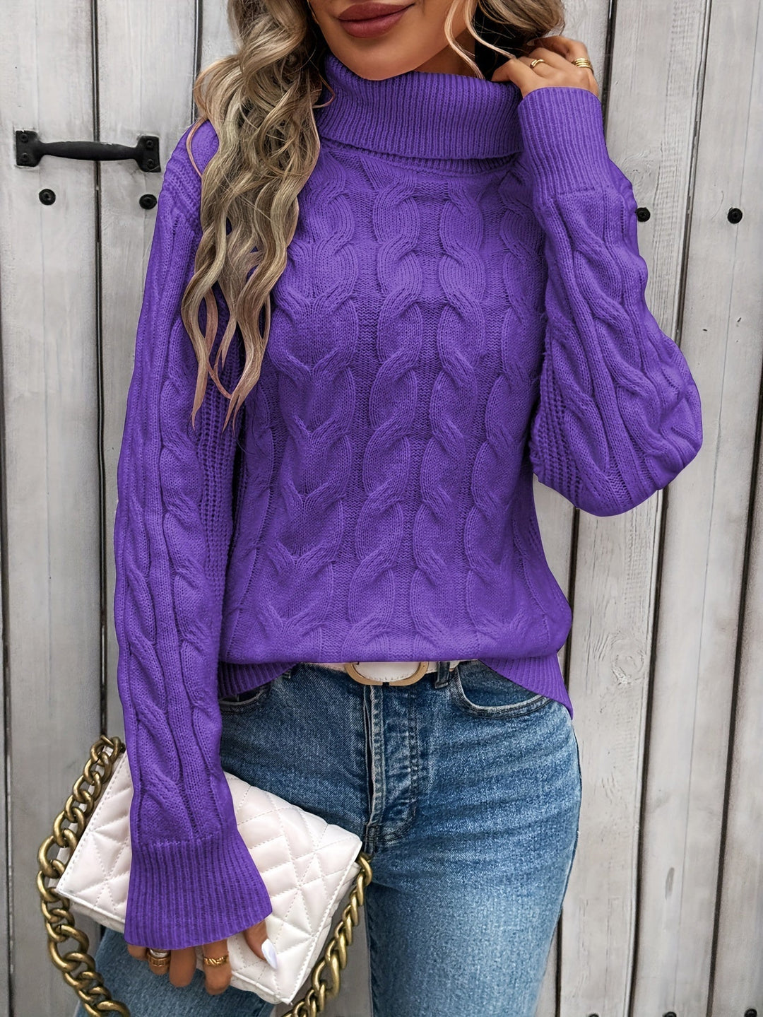 Women's textured cable knit turtleneck sweater with long sleeves