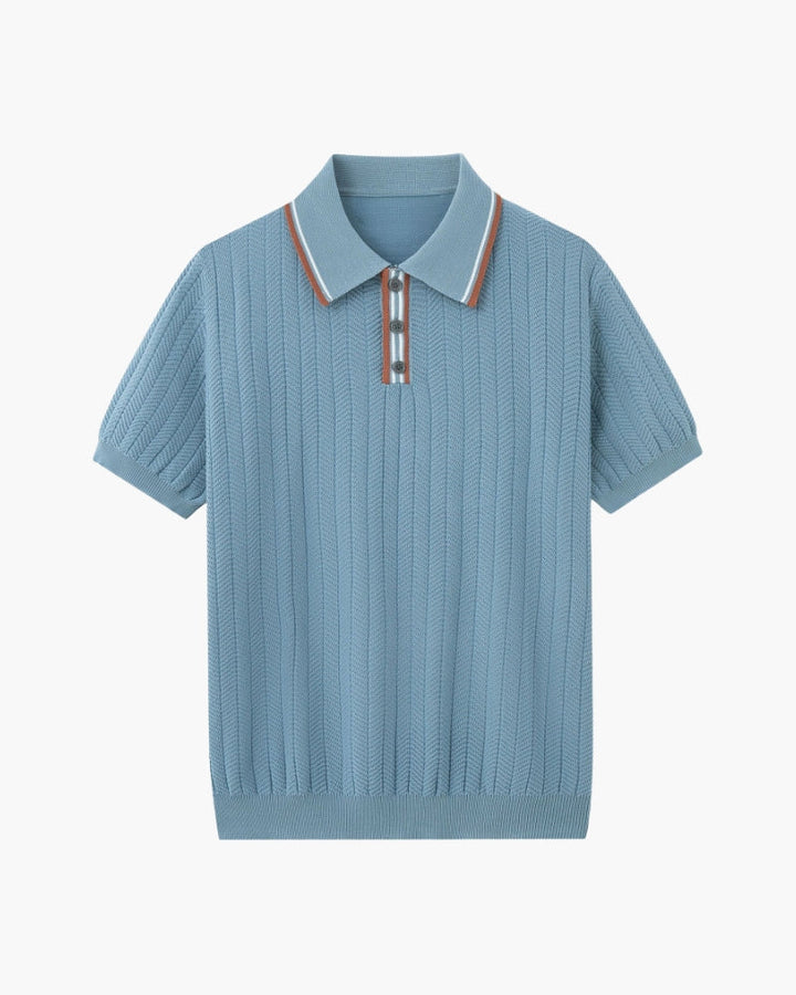 Short-sleeve textured knit polo shirt with collar and three-button placket
