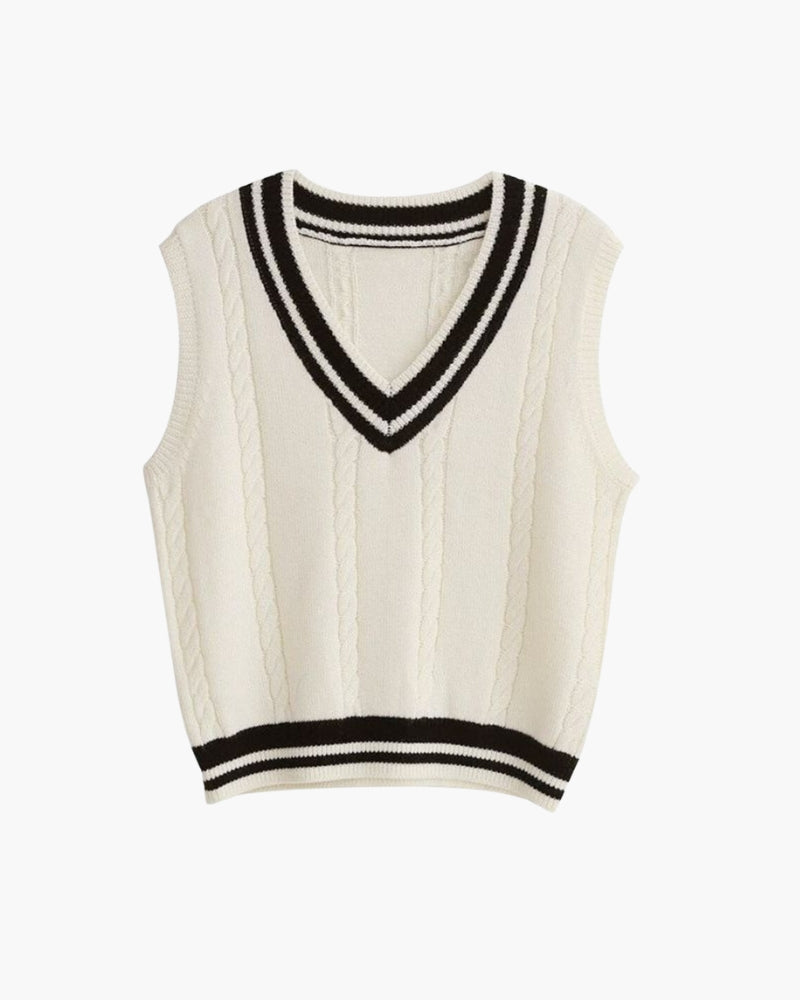 Women's white cable knit V-neck sweater vest